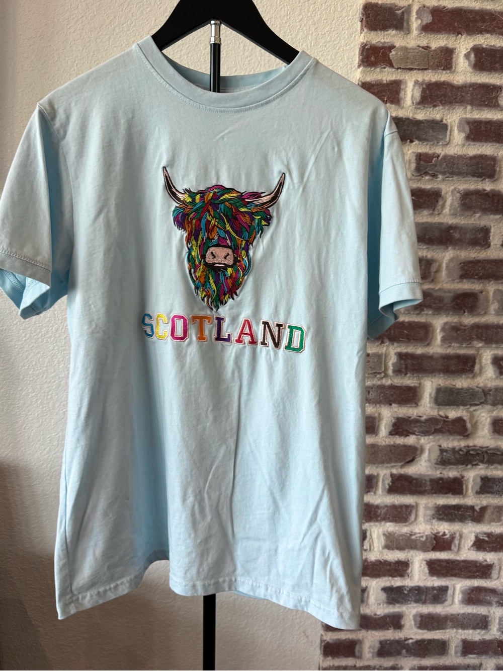 Scotland Blue Graphic Tee with Colorful Rainbow Highland Cow Adult Large